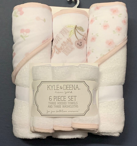 Kyle & Deena 6 Piece Set Pink & White 3 Hooded towels/ & 3 Washcloths