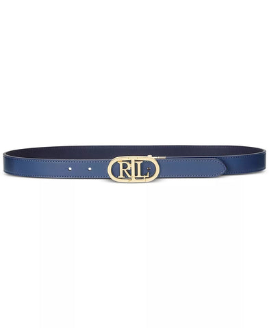 Lauren Ralph Lauren Women's Oval-Logo Reversible Leather Skinny Belt Navy Large