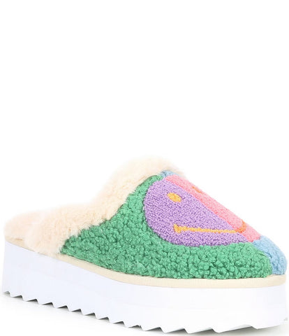 GB Happy-Daze Women's Colorblock Smiley Face Platform Slippers Green/Blue