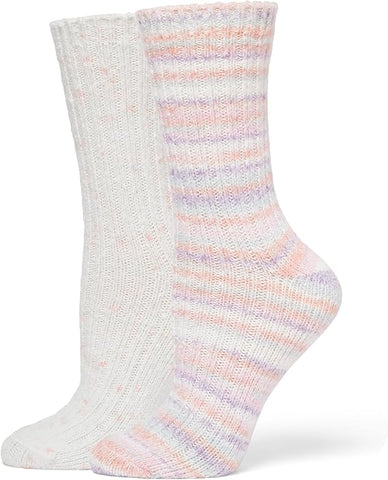 HUE Women's Cozy Sock 2 Pair Pack, Peach Stripe/Ivory Speckled, One Size