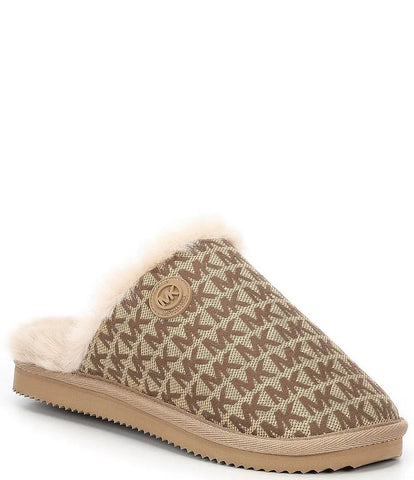 Michael Kors Women's Janis Logo Print Faux Fur Slipper Beige Multi 8M