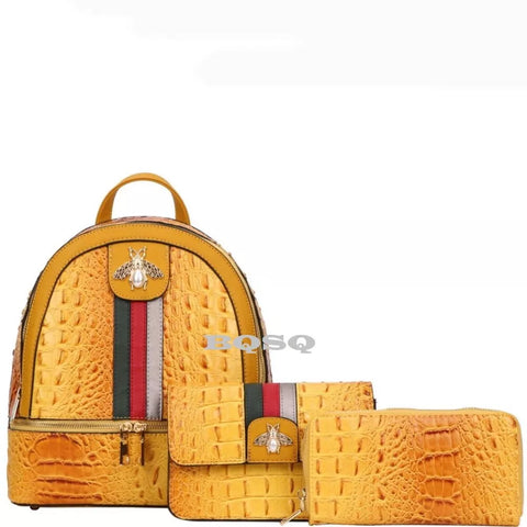 Backpack Fashion Pearl Bee Charm Striped 3 in 1 Crocodile -