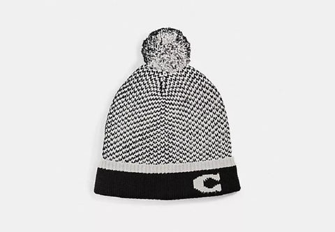 COACH F76492 Colorblocked Knit Hat With POM POM Black