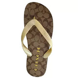 Coach Women's Flip Flop Rubber Sandals Signature Print CC Logo Khaki Gold