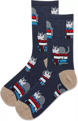 Hot Sox Women's Book Cat Socks 1 Pair, Denim Heather 9-11